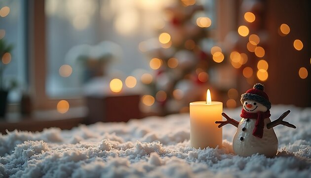 Festive Snowman and Candle with Blurred Tree Lights on White Fluffy Surface