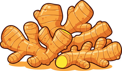 Cartoonish Cluster of Fresh Ginger Roots with Yellow Center