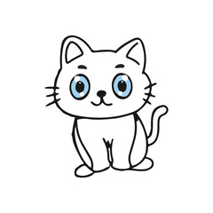 Obraz premium Kawaii white domestic cat with blue eyes. coloring book black white design