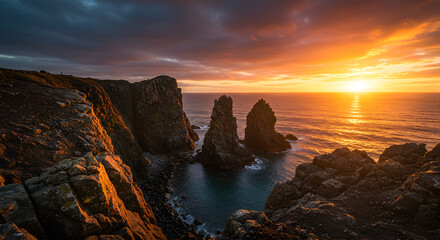 Dramatic sunset over rocky coastline