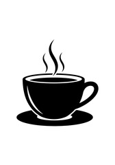 A simple black silhouette icon of a steaming hot coffee cup on a saucer against a white background.