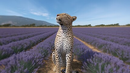 Leopard Sitting Gracefully in a Lavender Field Under Blue Sky