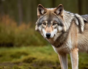A grey wolf portrait. A natural background with copy space.  wolf in the woods.