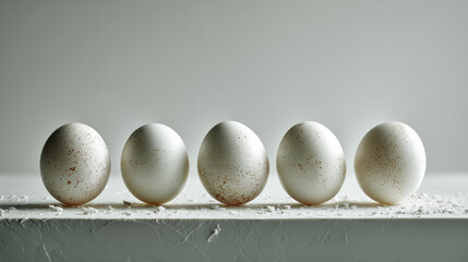 Five large goose eggs aligned on white surface