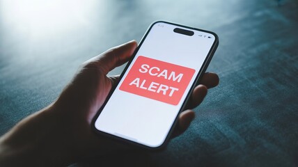 A hand holding a smartphone displaying a red 'SCAM ALERT' message, highlighting the importance of digital security awareness.