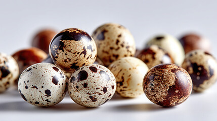Speckled quail eggs on white surface