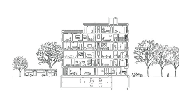 Detailed Architectural Cross Section of a Modern Apartment Building with Trees and Car