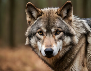 A grey wolf portrait. A natural background with copy space. 