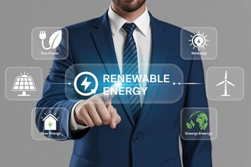 Businessman interacting with a futuristic interface displaying renewable energy options like solar wind and eco power
