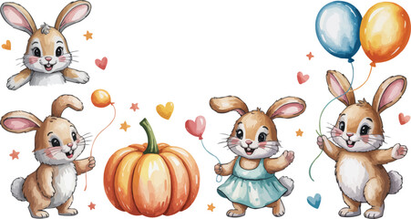 Obraz premium Adorable Cartoon Bunnies with Pumpkin and Balloons Festive Illustration on White Background, Cute