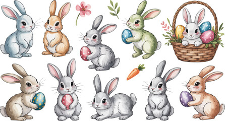 Obraz premium Adorable Watercolor Easter Bunnies Collection with Eggs, Basket, Carrot, and Flower Decorations on White Background