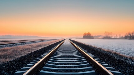Fototapeta premium A railway journey at sunrise, soft pink and orange hues painting the sky over the tracks