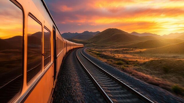 A train rounding a sharp curve, revealing an expansive valley bathed in golden light