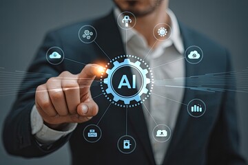 Businessman s finger touching a glowing ai gear symbol connected to various digital icons representing technology and data