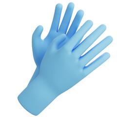  Two raised hands wearing blue gloves on white background. Used in medical settings to represent cleanliness, safety, and readiness.