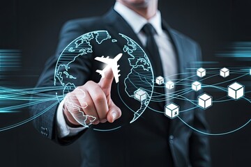 Businessman s finger touching a glowing airplane icon on a digital globe with interconnected data cubes symbolizing global logistics and shipping