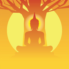 Line art Illustration vector of Buddhism with Gautama Buddha the founder of Buddhism with light radius action as meditating background with bodhi tree drawing in colorful