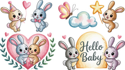 Charming Watercolor Baby Bunnies and Decorative Elements for Nursery Art and Invitations Design
