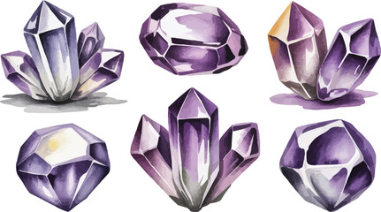 Collection of Six Watercolor Style Amethyst Crystals in Various Shapes and Sizes on White Background