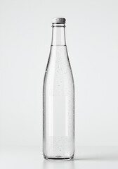 Clear glass bottle of water against a plain background