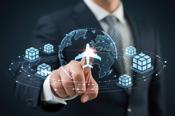 Businessman s finger touching a glowing airplane icon superimposed on a digital globe surrounded by cubes and network connections