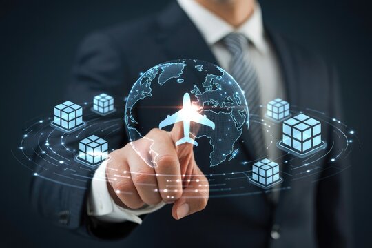 Businessman s finger touching a glowing airplane icon superimposed on a digital globe surrounded by cubes and network connections