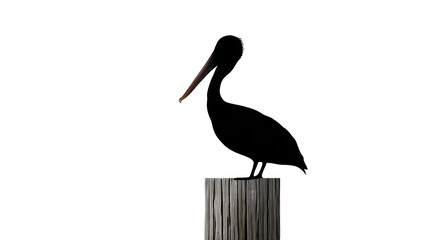 Fototapeta premium Pelican isolated on transparent background standing on wooden post with calm mood