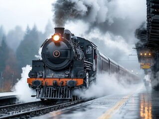 Naklejka premium Steam rising from an old locomotive at a historic railway station, evoking vintage travel nostalgia