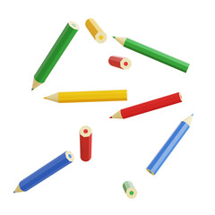 Various colored pencils randomly arranged, isolated on white background, representing school supplies, art materials, and creative drawing tools.

