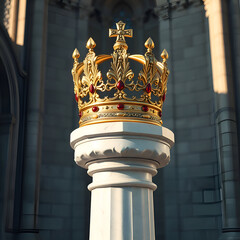 Ornate golden crown, adorned with rubies, waits for its rightful king on a marble pedestal, in the castle court yard. JPEG