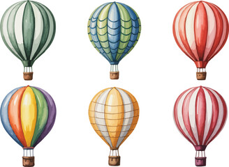 Colorful Watercolor Hot Air Balloons Green, Blue, Red, Purple, Yellow Illustration Isolated