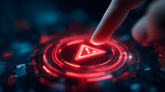Digital system warning alert, Cybersecurity threat notification interface, Online risk management solution, Emergency error button activation