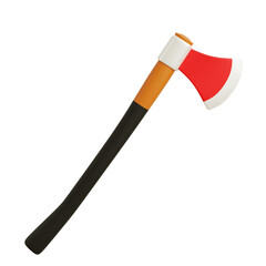 Fire axe with red blade and brown-black handle, tilted angle, isolated on white background, used for emergency rescue and cutting tasks.

