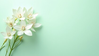 Fototapeta premium Elegant White Flowers on Light Green Background with Open Space