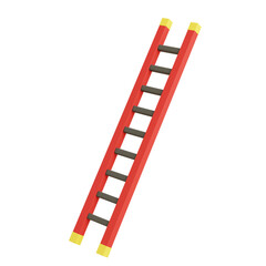 Red ladder with yellow tips and gray steps leaning to the right, isolated on white background, ideal for climbing, home maintenance, and construction.

