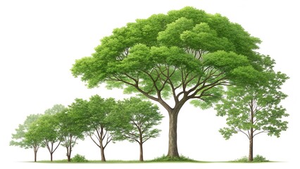Single green tree isolated on white background with lush foliage and a sturdy trunk, embodying nature's vibrant summer growth