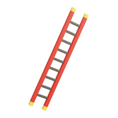Red ladder with yellow tips and multiple steps isolated on white background, perfect for climbing, home repair, construction, and safety purposes.


