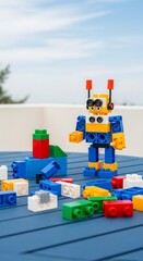 Fototapeta premium A colorful toy robot made from plastic building blocks stands on a blue table outdoors.