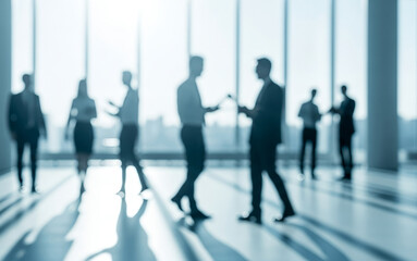 Blurred figures in a bright modern office space with large windows.