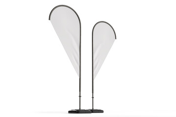 3D Flying Feather Flag Banner Stand Mockup isolated on background. Blank template waving flags on flagpoles for branding, promotion, marketing, advertising, banners, exhibition, event or announcement