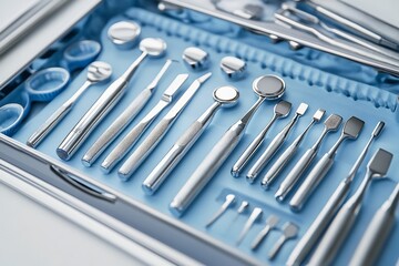Tray setup detailed arrangement of prophy tools and disposable accessories no human no labelling no logo