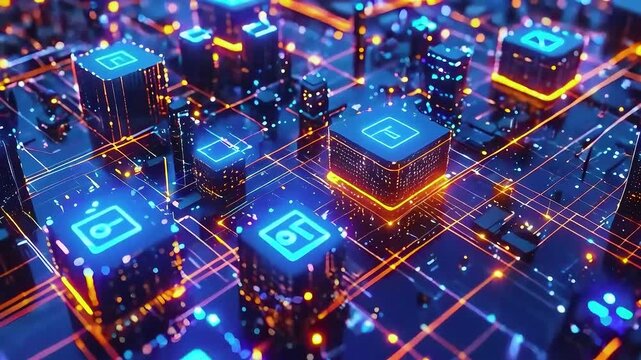 Digital network grid with glowing cubes and connections