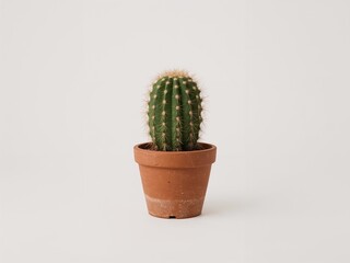 High-resolution photo of a green cactus with sharp spines planted in a terracotta pot, isolated on white background. Perfect for nature, interior, gardening, and minimal design themes.