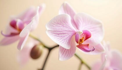 Delicate Pink Orchid Flowers Blooming Against Soft Cream Background