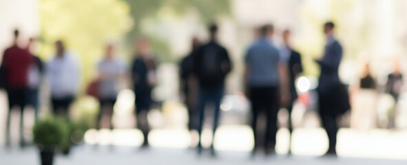 Blurred group of people standing outdoors in daylight on a paved surface.