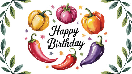 Happy Birthday Illustration with Watercolor Peppers, Bell Peppers, Stars, and Foliage Elements