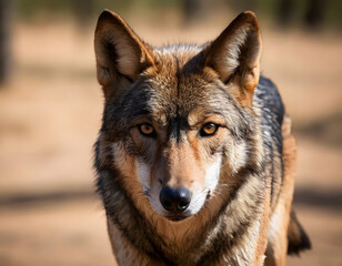 Fototapeta premium Generative AI illustration of an Iberian wolf of Spain. A European wolf with hazel eyes is looking at the camera. A natural background with text space. portrait of a grey wolf.