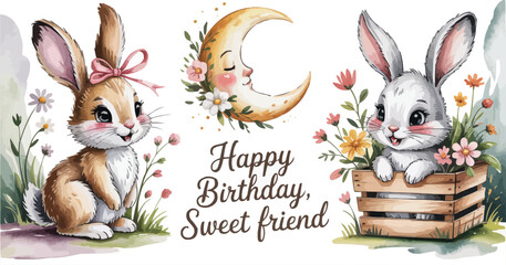 Happy Birthday Sweet Friend Cute Bunny Rabbits, Crescent Moon, and Floral Illustrations for a Birthday Card