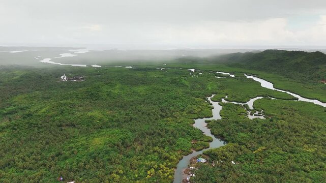Dense mangrove forest weaves alongside winding river systems in Mataob Maasin, Siargao Islands, Philippines, surrounded by tropical vegetation, coastal terrain, and mist-covered rolling hills