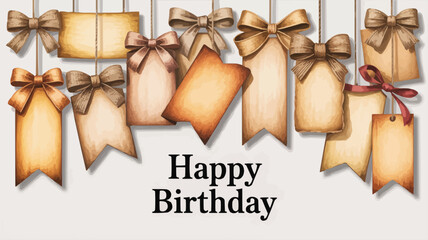 Happy Birthday with Hanging Watercolor Tags and Bows, Brown and Red Ribbons Decoration